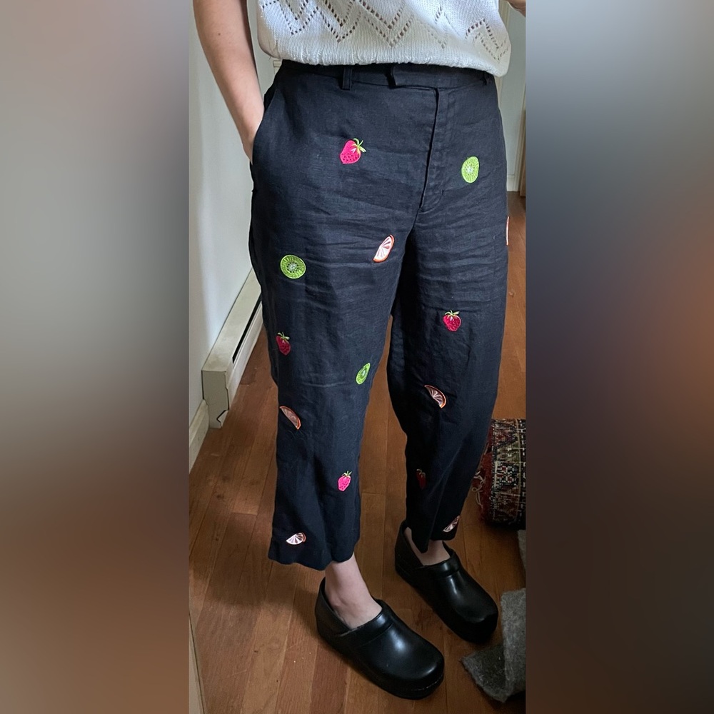 Vintage Linen Pants With Embroidered Fruit